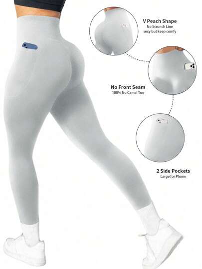 夏季健身 1 件高腰纯色瑜伽紧身裤，带口袋，适合徒步旅行、户外运动和休闲穿着