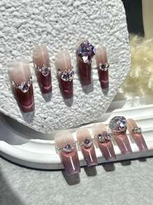 10PCS Gradient Pink Press On Nails Handmade Aurora Smile Cat Eye Diamond Fake Nail Patch Removable And Reusable Coffin Nails Press On Nails Long Nail Supplies (1 Sheets Jelly Stickers+1PC Nail File)