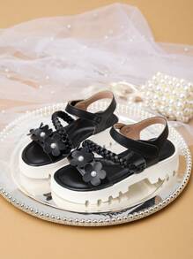 百搭花卉编织女童沙滩凉鞋，夏季