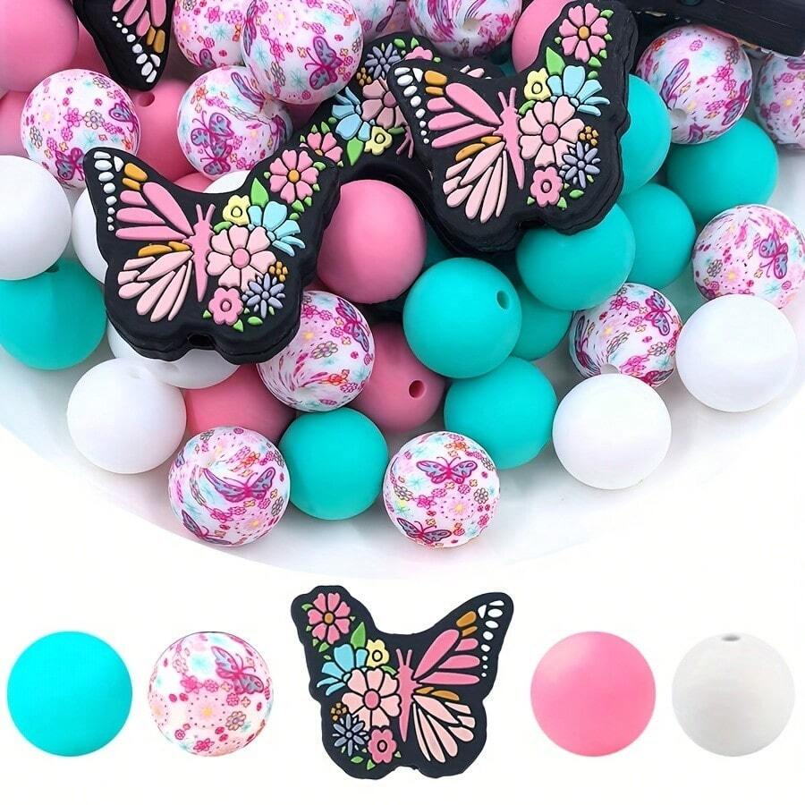 Juego de 25 piezas de cuentas de silicona con forma de mariposa - Kit de abalorios para manualidades de joyería DIY, llaveros, decoración de bolígrafos y accesorios de cadena de bolsos - Cuentas para decoración de pulseras, collares y colgantes - Material de silicona sin costuras - Multicolor - Ver 1
