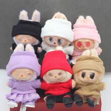 (Solo Atuendo, Sin Muñeca) Conjunto de Atuendo de Muñeca de Peluche de Fiesta de 17 CM: Gorro de Punto de Puño Acanalado + Camiseta de Punto de Moda