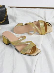 女士时尚闪光装饰带高跟凉鞋，闪亮粗跟鞋，适合派对礼服和舞蹈，夏季 - 金色 - 查看 4