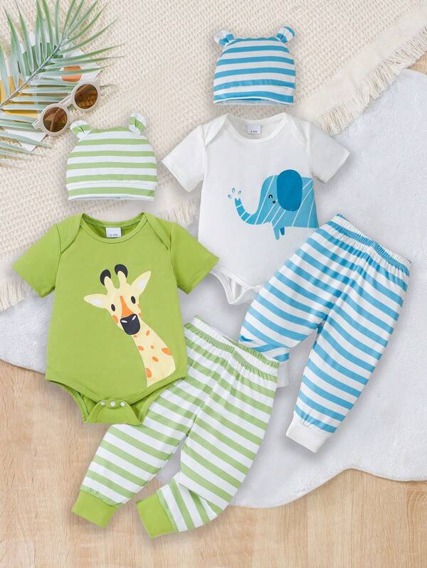 2pcs/Set Baby Boys Giraffe & Elephant Print Rompers, Striped Pants & Hats Casual Clothing Set