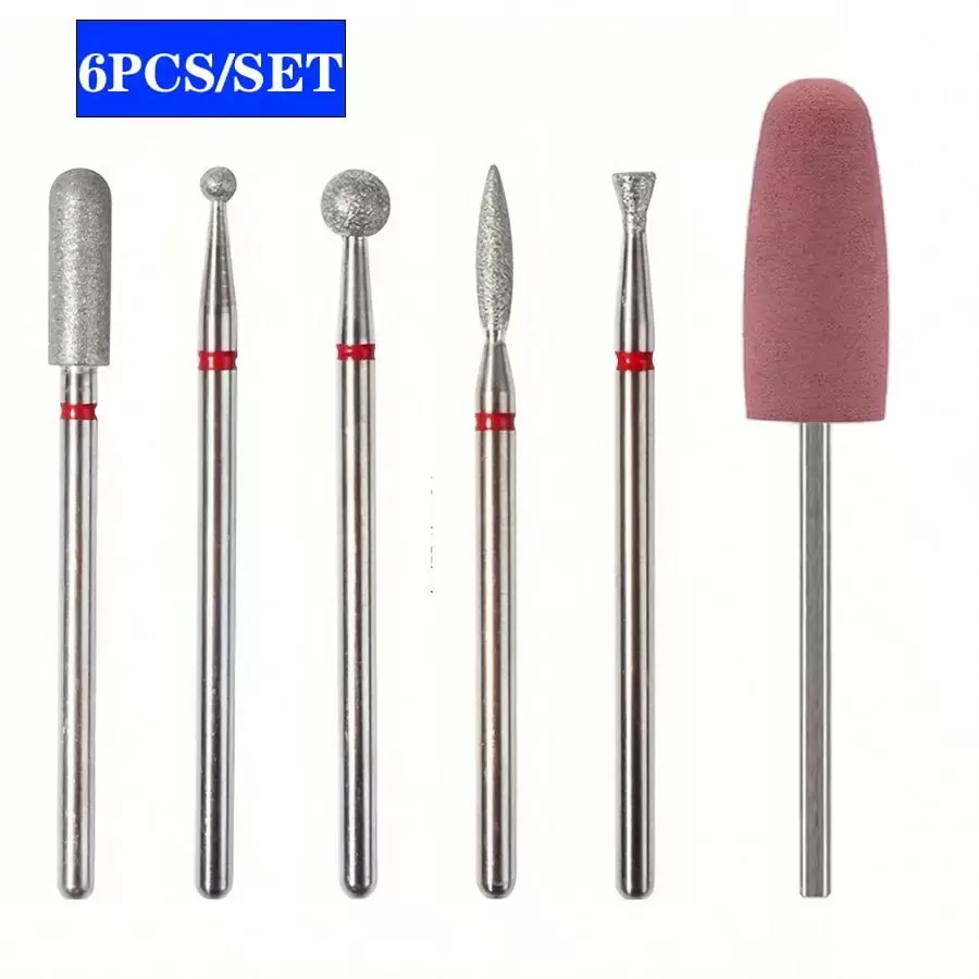 Bộ 6 mũi dũa móng tay kim cương, dụng cụ loại bỏ biểu bì, đầu đánh bóng, bộ dụng cụ làm móng điện, dùng để loại bỏ móng acrylic & gel - Chất lượng salon, dùng tại nhà.