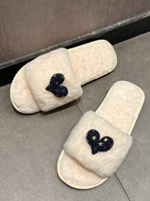 女士休闲毛绒毛绒拖鞋，室内时尚牛仔心形设计平底软拖鞋，百搭露趾防滑毛绒鞋 - 白色 - 查看 5