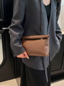 Fashionable Solid Color Handbag, PU Material Large Capacity Flap Magnetic Closure Small Square Bag, Crocodile Pattern Women's Purse, Multipurpose Party Evening Bag, Suitable For Women's Travel And Shopping - Brown - View 8