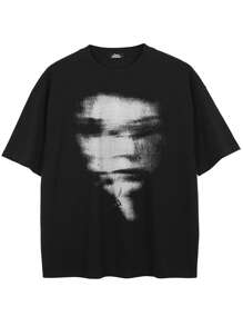 Tiny Spark 男士休闲面部印花短袖T恤，夏季 - 黑色 - 查看 2