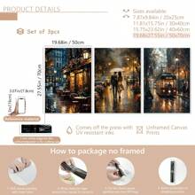 3pcs/Set Unframe Cafe After The Rain, A Couple Walking In The Rain, Old Tram On The Streets Of London At Night Black And White Canvas Print Artwork, Can Be Decorated In The Living Room, Bedroom, Office, Posters, Wall Art, Room Decoration Stuff,Modern, Travel,Botanical Gifts Birthday Graduation