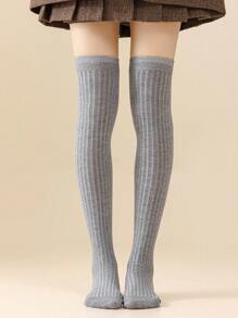 1 Pair Women's Classic Striped & Solid Color Knee-High Socks, Cozy - Black and White - View 4
