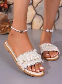 Damen Zehentrenner Sandalen, vintage perlenbestickte leichte Slip-On Sandalen
