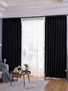 1 pieza Cortina premium de terciopelo negro con borde de encaje, elegante para villa, casa, sala de estar, decoración de dormitorio