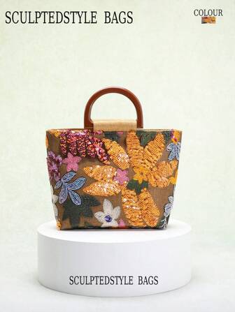 1pc Colorful Sequin Floral & Leaf Print Mesh Embroidery Linen Tote Bag, Elegant Ladies Handbag For Casual/Holiday, Sparkling Sequin Bags Ladies Elegant