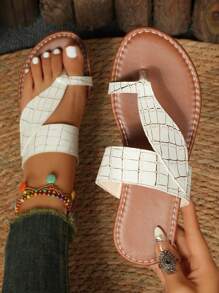 女士金箔格子和叶子印花圆头凉鞋，适合各种场合 - 白色 - 查看 1