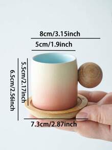 迷你渐变色陶瓷茶杯配木柄和杯垫套装，手工创意茶杯，北欧风格办公室咖啡杯礼盒 - 杯碟套裝 - 查看 2