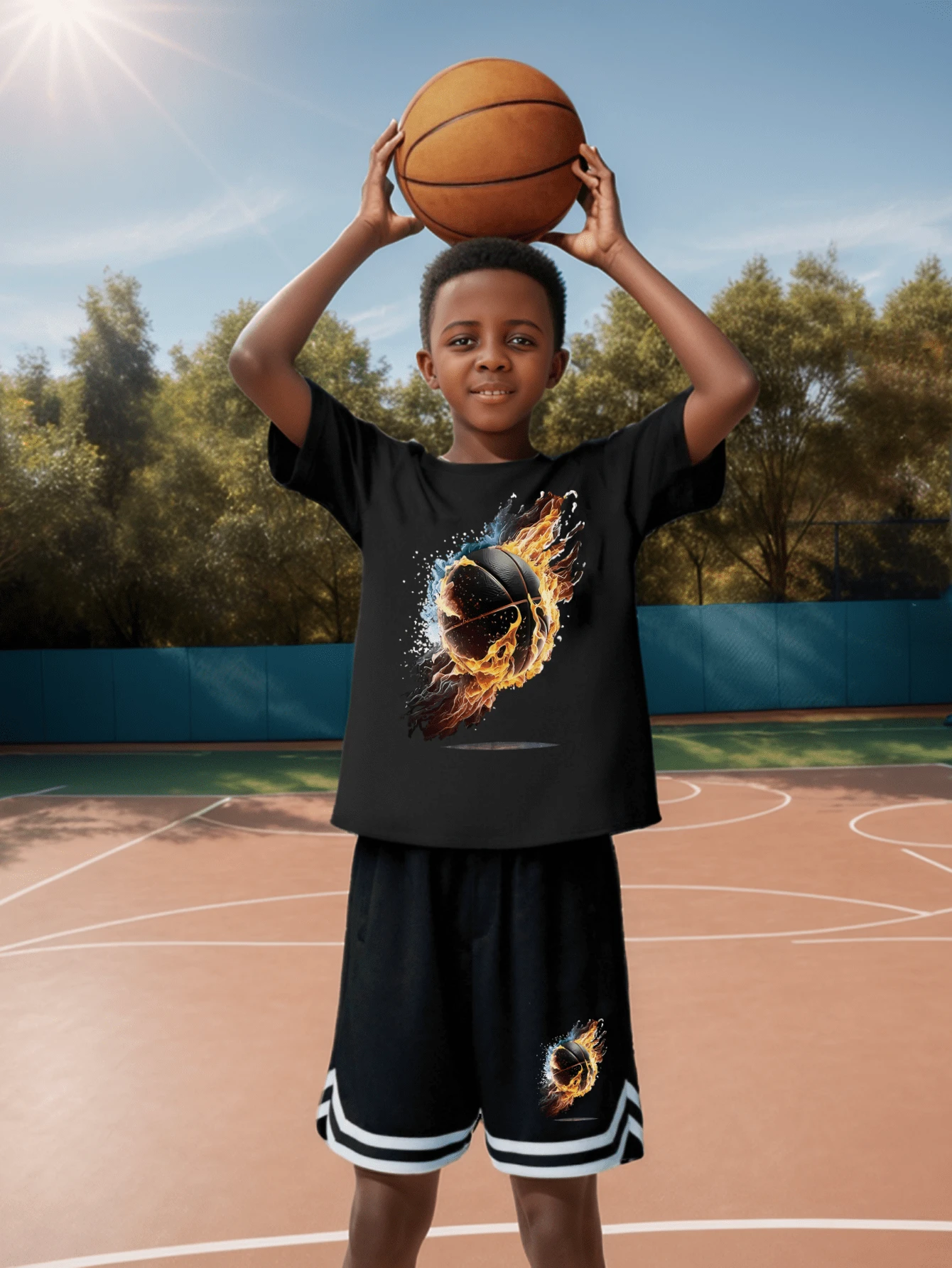 2 pièces Ensemble short et t-shirt à manches courtes avec imprimé de basketball pour garçons adolescents