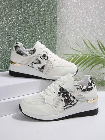Blumen Kontrast Mesh Lässig Sport Plateau Schnüren Reise Schuhe für Frauen