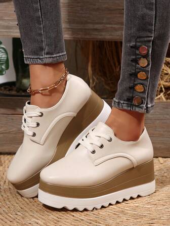 Höst/vinter Damskor med plattform, fyrkantig tå, snörning, enfärgad kilklack och tjock botten, gymnastikskor för kvinnor