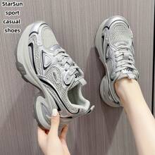 Women's Spring/Autumn New Casual Chunky Sneakers, Mesh Breathable Platform Wedge Heel Comfortable Lace-Up Lightweight Versatile Fashion Sneakers, White/Gray, Suitable For All Seasons - Grey - View 9