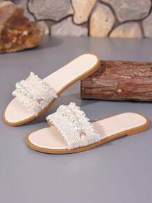 Damen Zehentrenner Sandalen, vintage perlenbestickte leichte Slip-On Sandalen