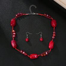 3pcs/Set Fashionable Bohemian Handmade Woven Geometric Resin Crystal Beaded Necklace And Earring Jewelry Set - Irregular 3-piece Set (necklace + Earrings) - View 5