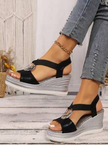 2025 夏季新款休闲凉鞋，厚底时尚金属扣装饰凉鞋，仿麻绳浅底，露趾松紧带凉鞋 - 黑色 - 查看 2