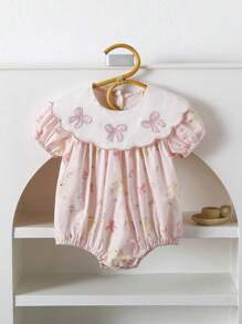 1pc Baby Girls' Bow Embroidered Collar Bodysuit With Floral Print, Loose Fit Luxury Short Sleeve Bodysuit For Summer Outings And Vacation - Pink - View 1