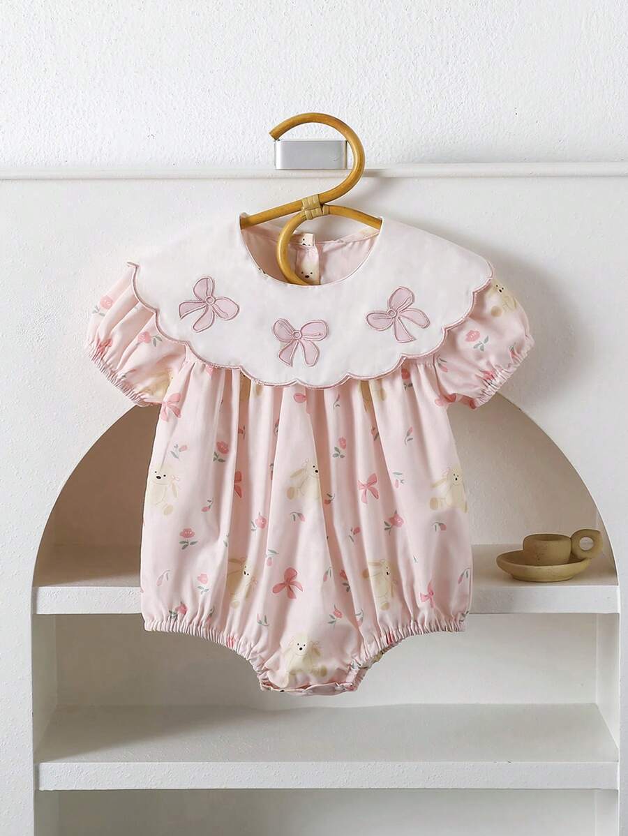1pc Baby Girls' Bow Embroidered Collar Bodysuit With Floral Print, Loose Fit Luxury Short Sleeve Bodysuit For Summer Outings And Vacation - Pink - View 1