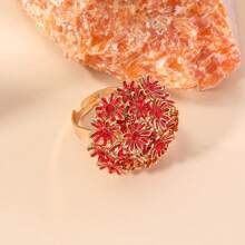 1pc Fashion Oil Drop Flower Shaped Crystal Opening Ring - Red - View 3