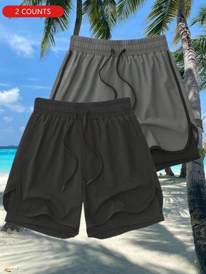 2 件装男士户外运动训练健身短裤，带抽绳腰部，透气速干内衬，轻薄设计，春夏