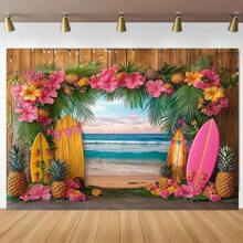 1 Piece Of Coastal Style Hawaiian Beach Background, Polyester Flamingo And Surfboard Wall Decoration, No Electricity Required, Perfect For Party Decorations And Photography Props