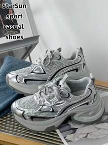 Women's Spring/Autumn New Casual Chunky Sneakers, Mesh Breathable Platform Wedge Heel Comfortable Lace-Up Lightweight Versatile Fashion Sneakers, White/Gray, Suitable For All Seasons - Grey - View 5