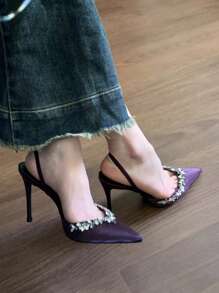 2026 Spring/Autumn New Pointed Toe Purple Stiletto High Heel Satin Rhinestone Strap Slip-On Sandals For Women - Purple - View 7