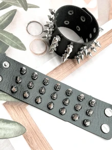 Punk Spiked Studded Bracelets Punk Leather Rivets Bracelet Cuff For Men Women Punk Rock Studded Bracelet Set, Black Leather Rivet Punk Bracelet Cuff Wrap Bangle Snap Button Metal Wristband & Gifts - Black - View 5