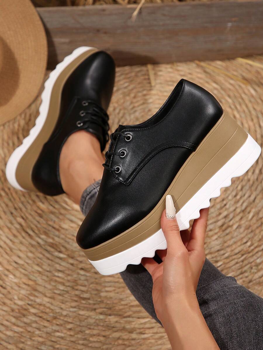 女士纯色系带方头厚底坡跟鞋，适合所有季节 - 黑色 - 查看 1