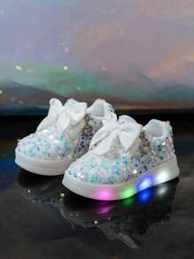 兒童嬰兒 LED 閃光鞋，刷毛天鵝絨亮片平底彩色發光鞋 - 白色 - 查看 5
