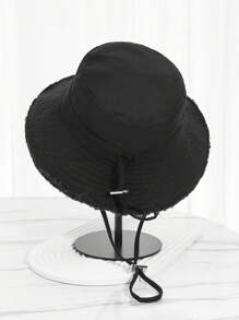 1pc Women's Washed Brim Frayed Edge Drawstring Canvas Bucket Hat, Summer Sun Protection Hat - Black - View 3