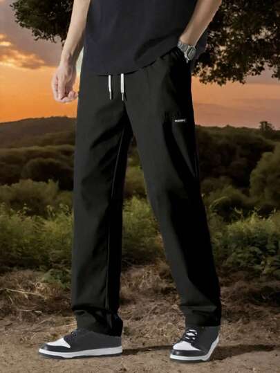 Men's Outdoor Casual Sweatpants, Spring/Summer Thin Quick-Dry Straight-Leg Drawstring Sports Trousers Black