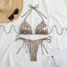 Snakeskin Print Sexy Bikini Set Swimwear, Tight Fitting Low-Back Spaghetti Strap Two-Piece Swimwear, For Summer Beach Vacation