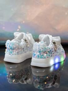 兒童嬰兒 LED 閃光鞋，刷毛天鵝絨亮片平底彩色發光鞋 - 白色 - 查看 2