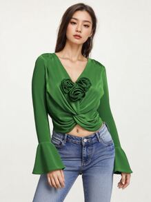 Women's Flared Sleeve Crop Tops, Autumn White Long Sleeve Shirts, American Style, Waist-Hugging - 綠色 - 查看 1