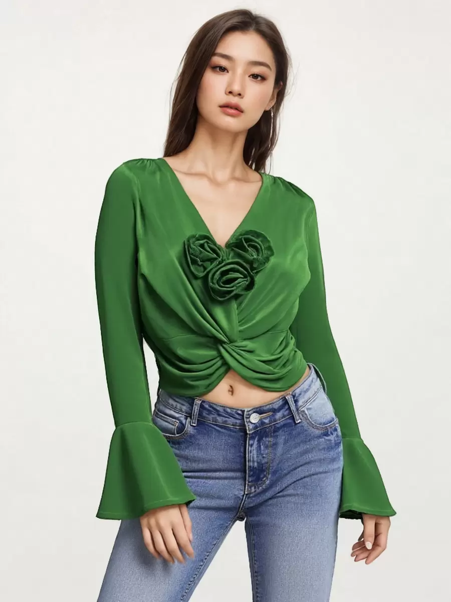 Women's Flared Sleeve Crop Tops, Autumn White Long Sleeve Shirts, American Style, Waist-Hugging - 綠色 - 查看 1