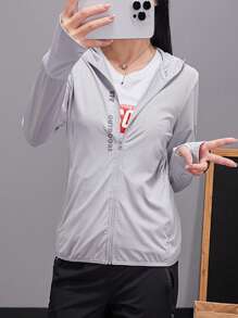 女士轻薄连帽夹克，带拇指孔设计，背面印花，灰色，夏季