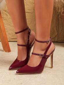 时尚性感尖头细高跟休闲百搭裸色踝带酒红色女士高跟鞋