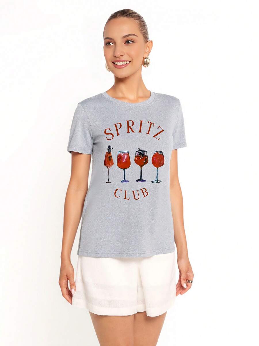 Cocktail Glass & SPRITZ CLUB Lettering Graphic Casual Fit Vintage Short Sleeve T-Shirt Vacation For Women Summer Tops In Light Gray - Light Grey - View 1