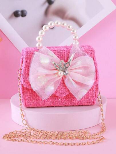 1个可爱蝴蝶结水钻皇冠装饰金属链条肩带PU皮单肩斜挎包，翻盖闭合，休闲时尚珍珠手提包，适合青少年和日常使用