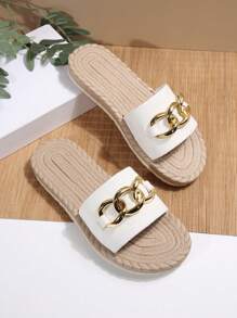 Sandalias de verano para mujer con suela de cuerda, cadena con hebilla de metal, estilo de vacaciones, cómodas con suela gruesa, estampado de playa, esencial para vacaciones - Blanco - Ver 7