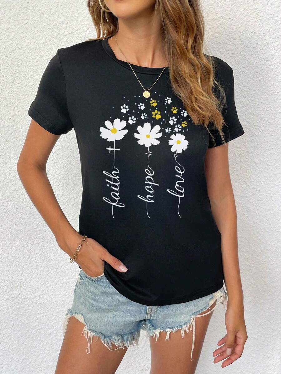 Faith Hope Love Simple Daisy Flower Crew Neck Short Sleeve Tee - Black - View 1