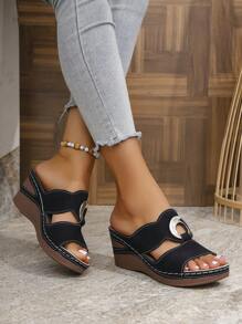 Women's Metal Buckle Slides, Summer Lightweight Fashionable Casual Platform Wedge Sandals