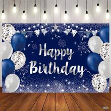 Sparkling Happy Birthday Banner -70.9 Inches X 43.3 Inches Silver And Navy Blue Party Background, Suitable For Male And Female Celebration Events