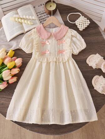 女童翻领蝴蝶结公主裙，夏季新款小女孩粉色可爱派对生日连衣裙